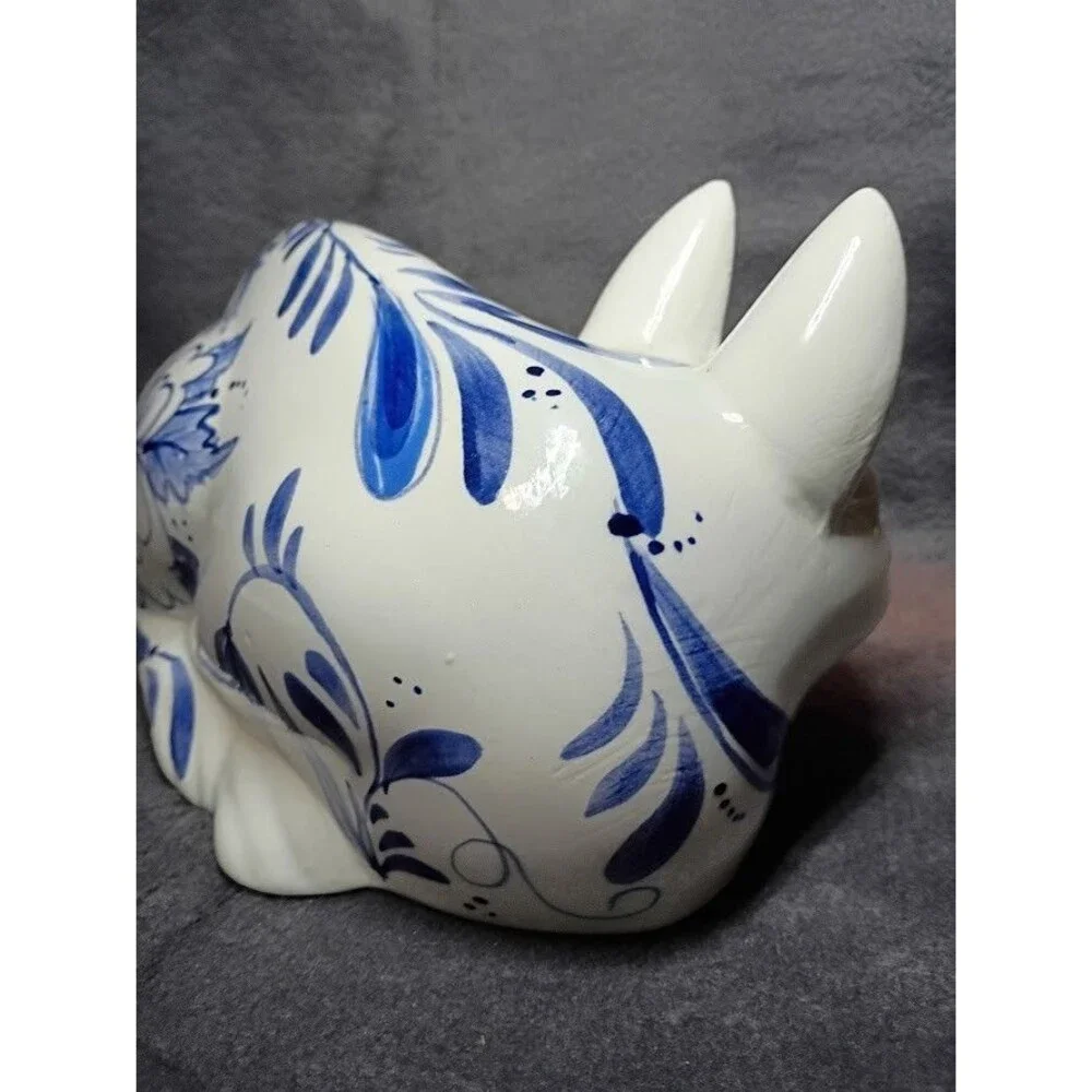 Vintage Cobalt Blue & White Flowers Laying On side Hand-Painted Cat By Alice